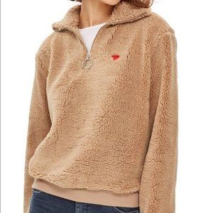 * Top Shop Teddy Sweater with Red Heart Zip Collar Size 12 Cozy Pullover Fall